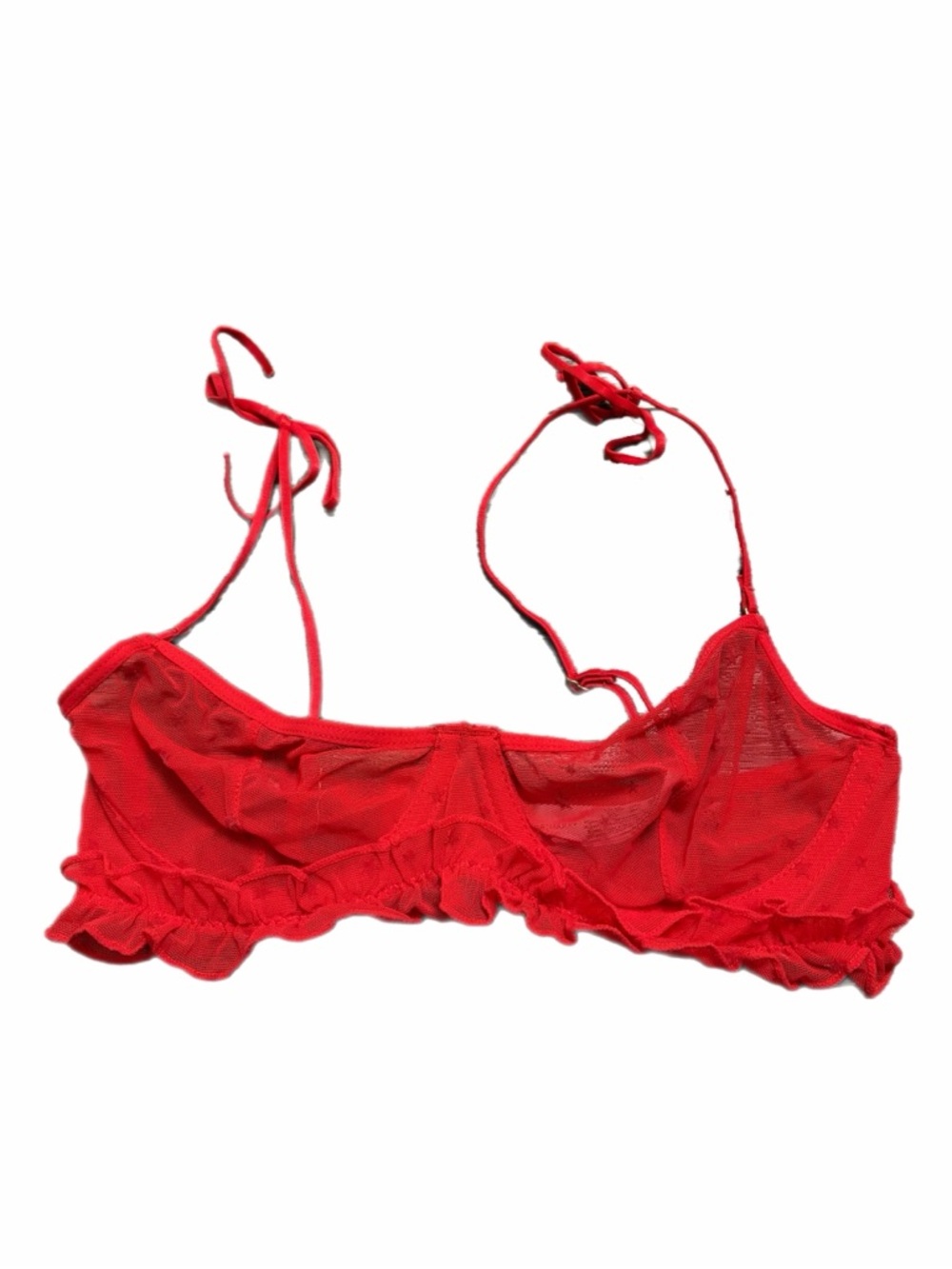 Y2K European Vintage Sheer Ruffle Unlined Bustier Bra (Red) Size 32C